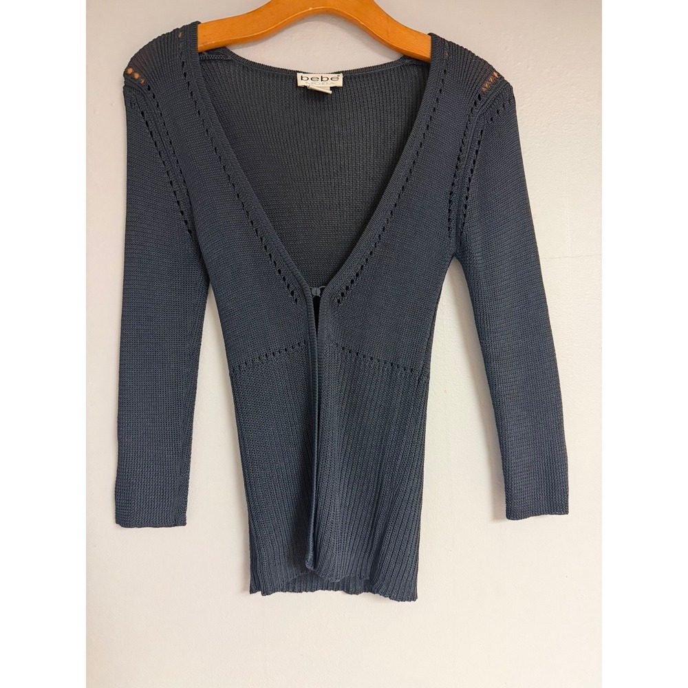 Bebe Moda Women Slate Blue Grey Knit Cardigan Hook Eye Pointelle Sweater Small